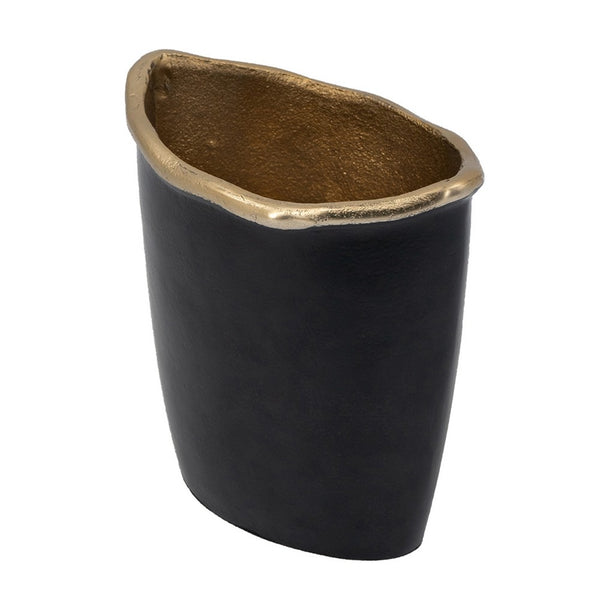 Decorative Vase, 8 Inch Curved Rim Edge Aluminum Black and Gold  - BM351026