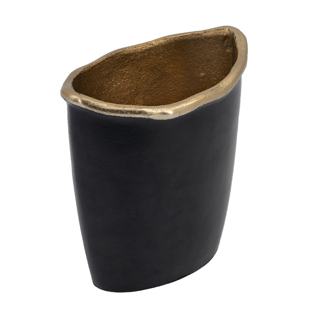 Decorative Vase, 8 Inch Curved Rim Edge Aluminum Black and Gold  - BM351026