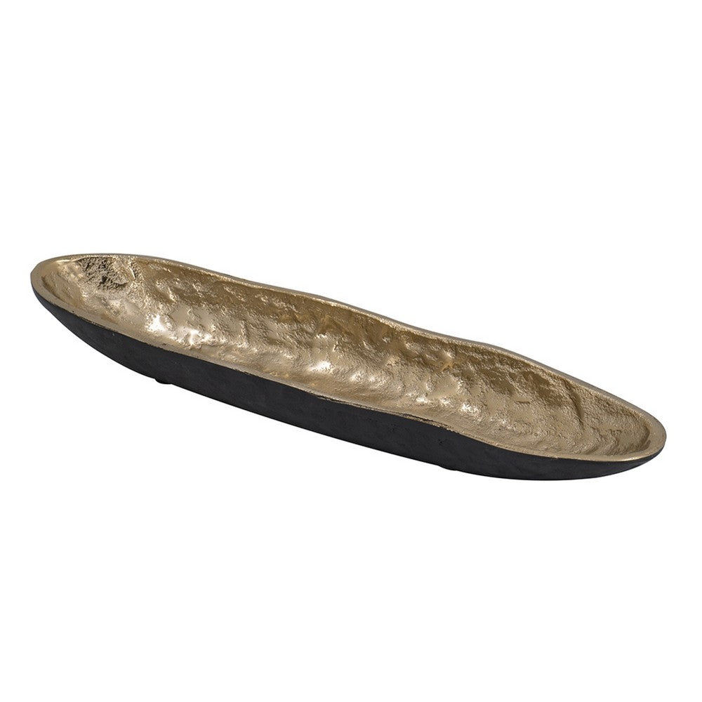 Decorative Bowl, 16 Inch Long Oval Shape, Luxe Black and Gold Aluminum - BM351027