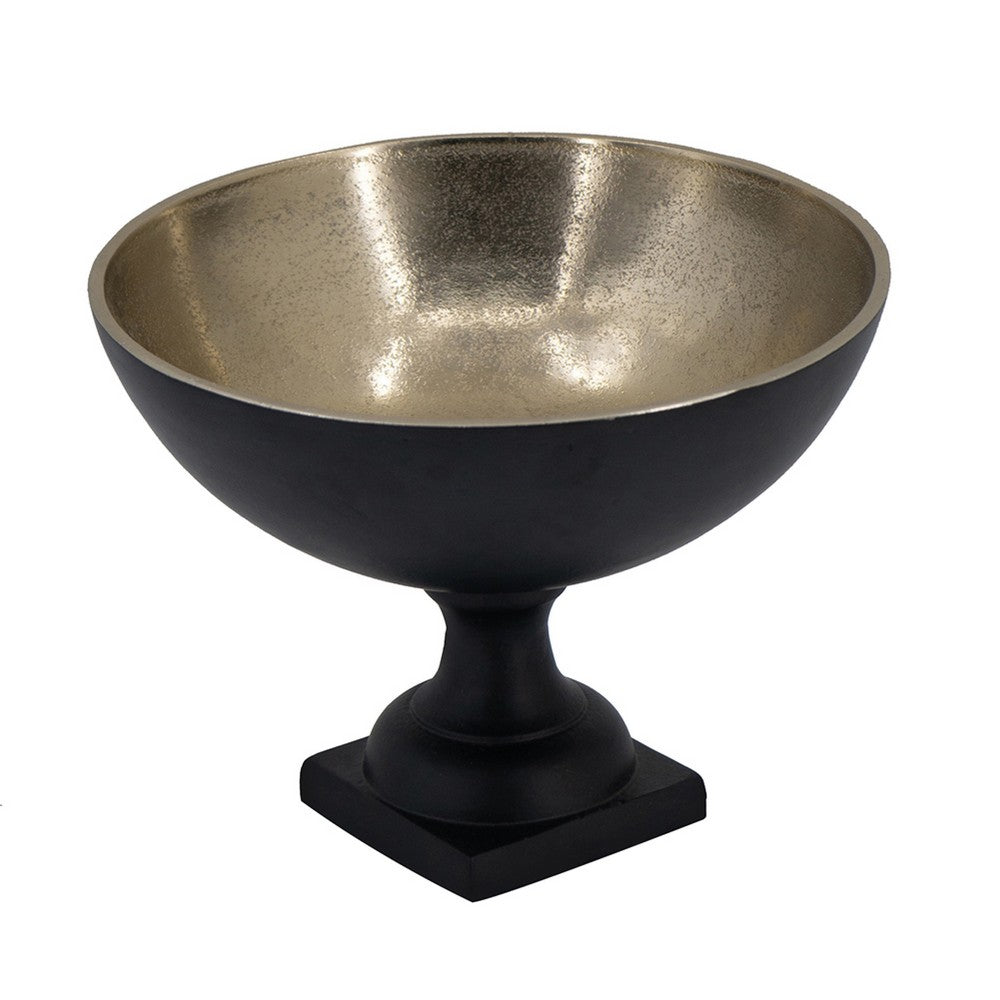 Decorative Bowl, 9 Inch Round Footed Design, Black and Gold Aluminum  - BM351028