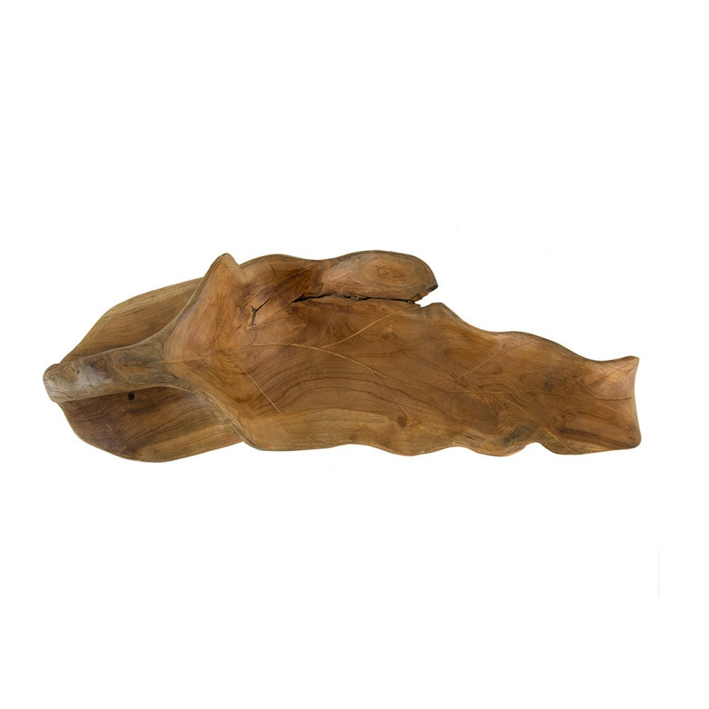 Decorative Accent Tray, 22 Inch Teak Brown Wood Leaf Design, Hand Carved - BM351032