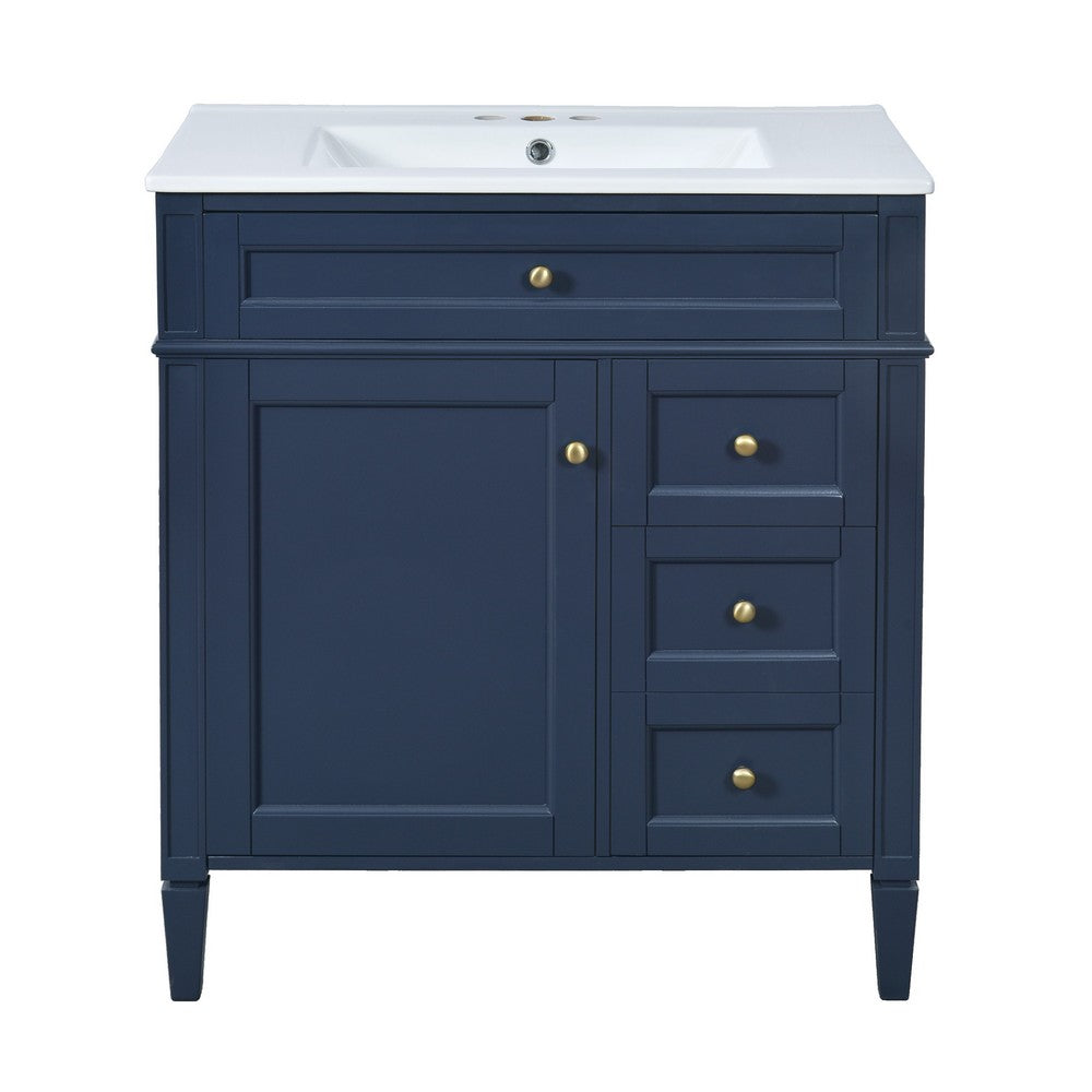 Roze Bathroom Vanity with Ceramic Sink, 3 Drawers, Blue Wood 30 Inch - BM351222
