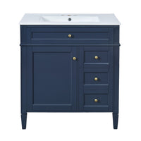 Roze Bathroom Vanity with Ceramic Sink, 3 Drawers, Blue Wood 30 Inch - BM351222