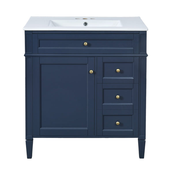 Roze Bathroom Vanity with Ceramic Sink, 3 Drawers, Blue Wood 30 Inch - BM351222