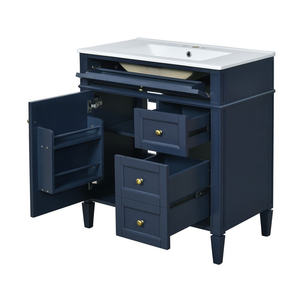 Roze Bathroom Vanity with Ceramic Sink, 3 Drawers, Blue Wood 30 Inch - BM351222