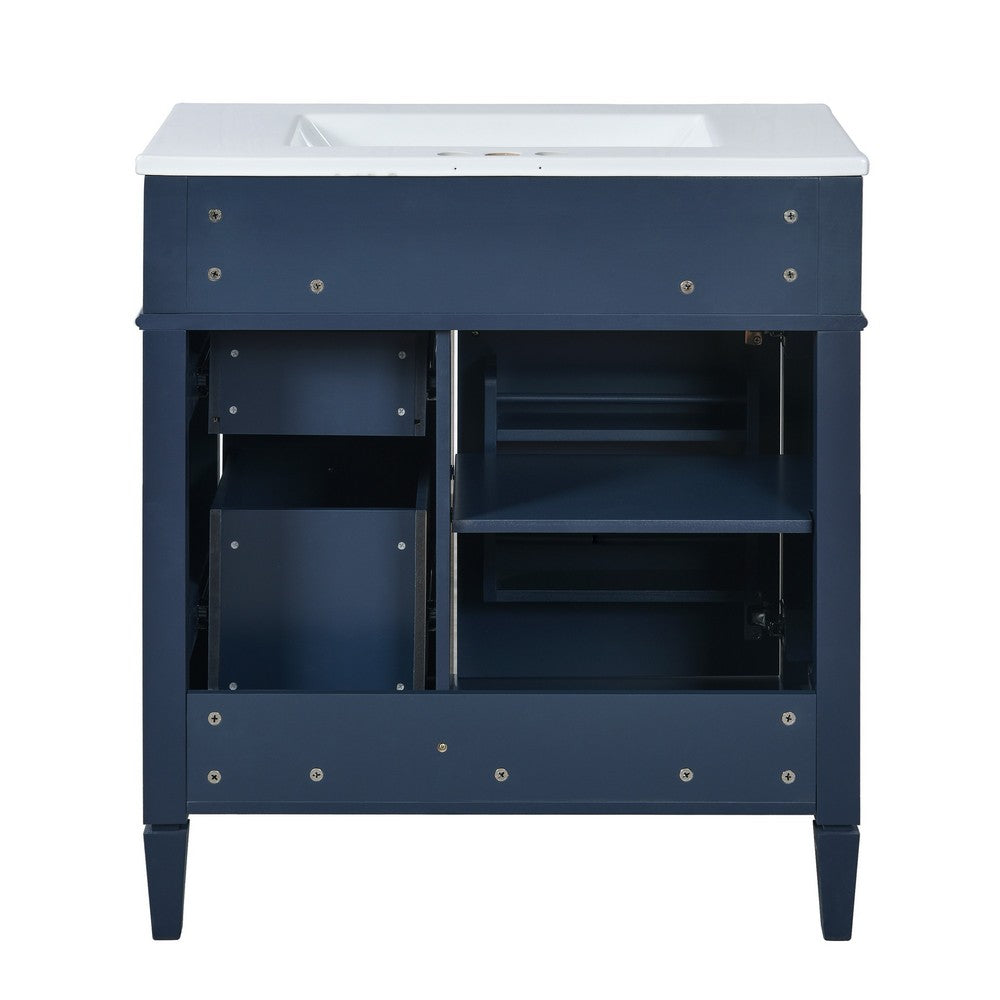 Roze Bathroom Vanity with Ceramic Sink, 3 Drawers, Blue Wood 30 Inch - BM351222