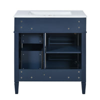 Roze Bathroom Vanity with Ceramic Sink, 3 Drawers, Blue Wood 30 Inch - BM351222