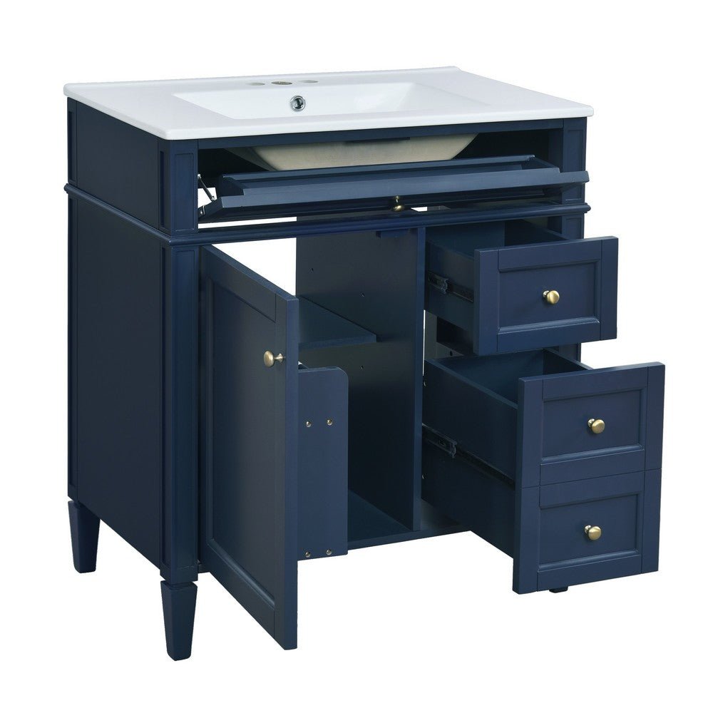 Roze Bathroom Vanity with Ceramic Sink, 3 Drawers, Blue Wood 30 Inch - BM351222