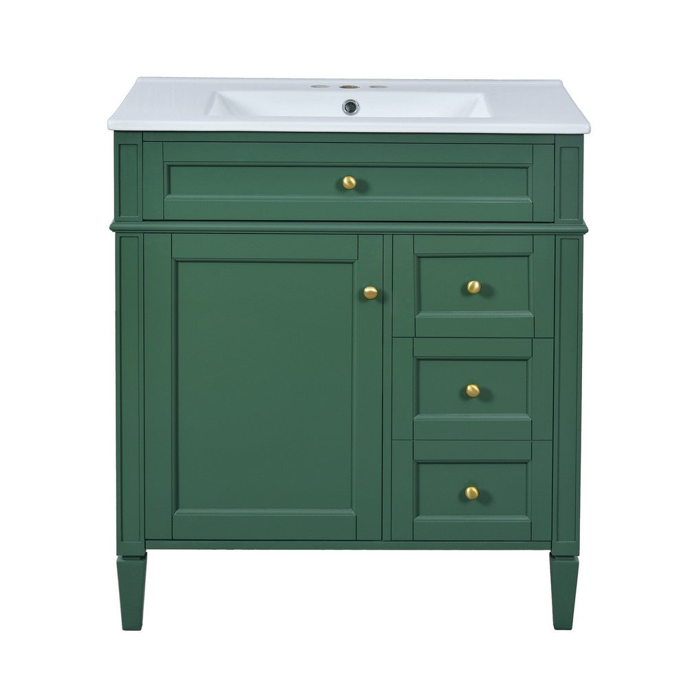 Roze Bathroom Vanity with Ceramic Sink, 3 Drawers, Green Wood 30 Inch - BM351224