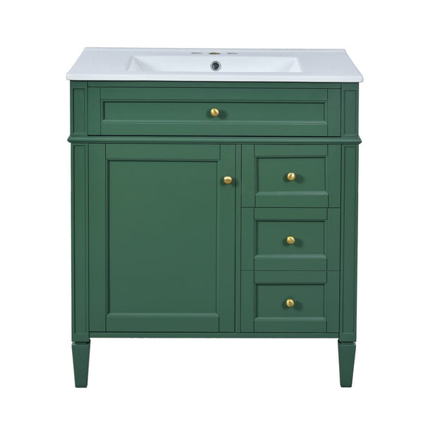 Roze Bathroom Vanity with Ceramic Sink, 3 Drawers, Green Wood 30 Inch - BM351224