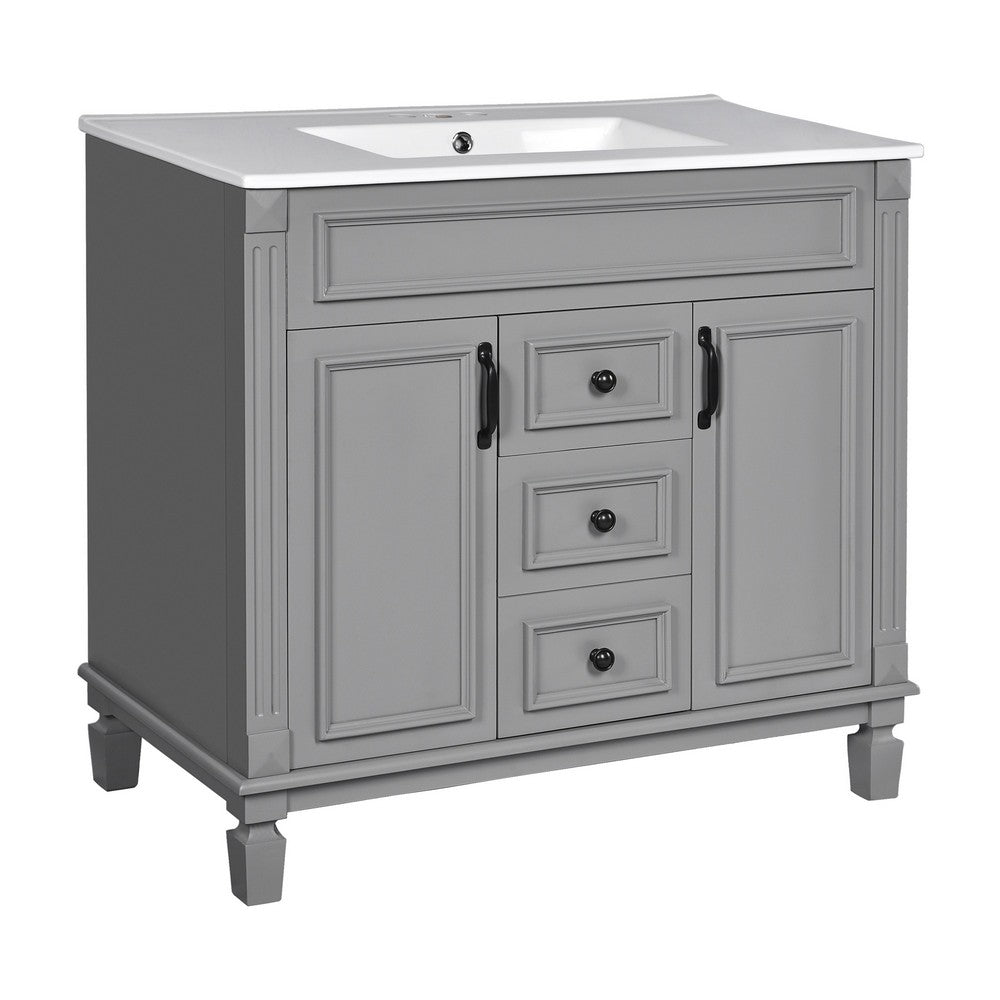Gwen 36 Inch Bathroom Vanity with Built In Sink, 2 Doors, Gray, Ceramic - BM351225