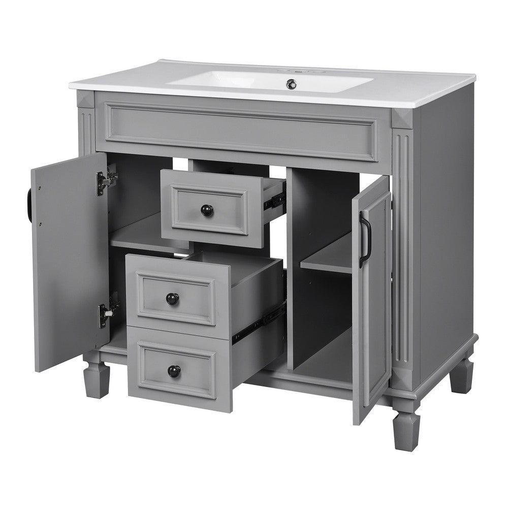 Gwen 36 Inch Bathroom Vanity with Built In Sink, 2 Doors, Gray, Ceramic - BM351225