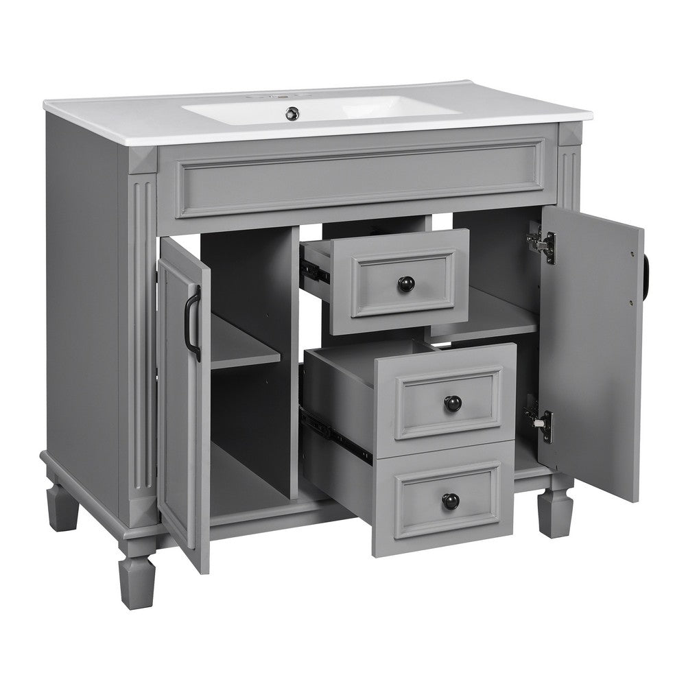Gwen 36 Inch Bathroom Vanity with Built In Sink, 2 Doors, Gray, Ceramic - BM351225