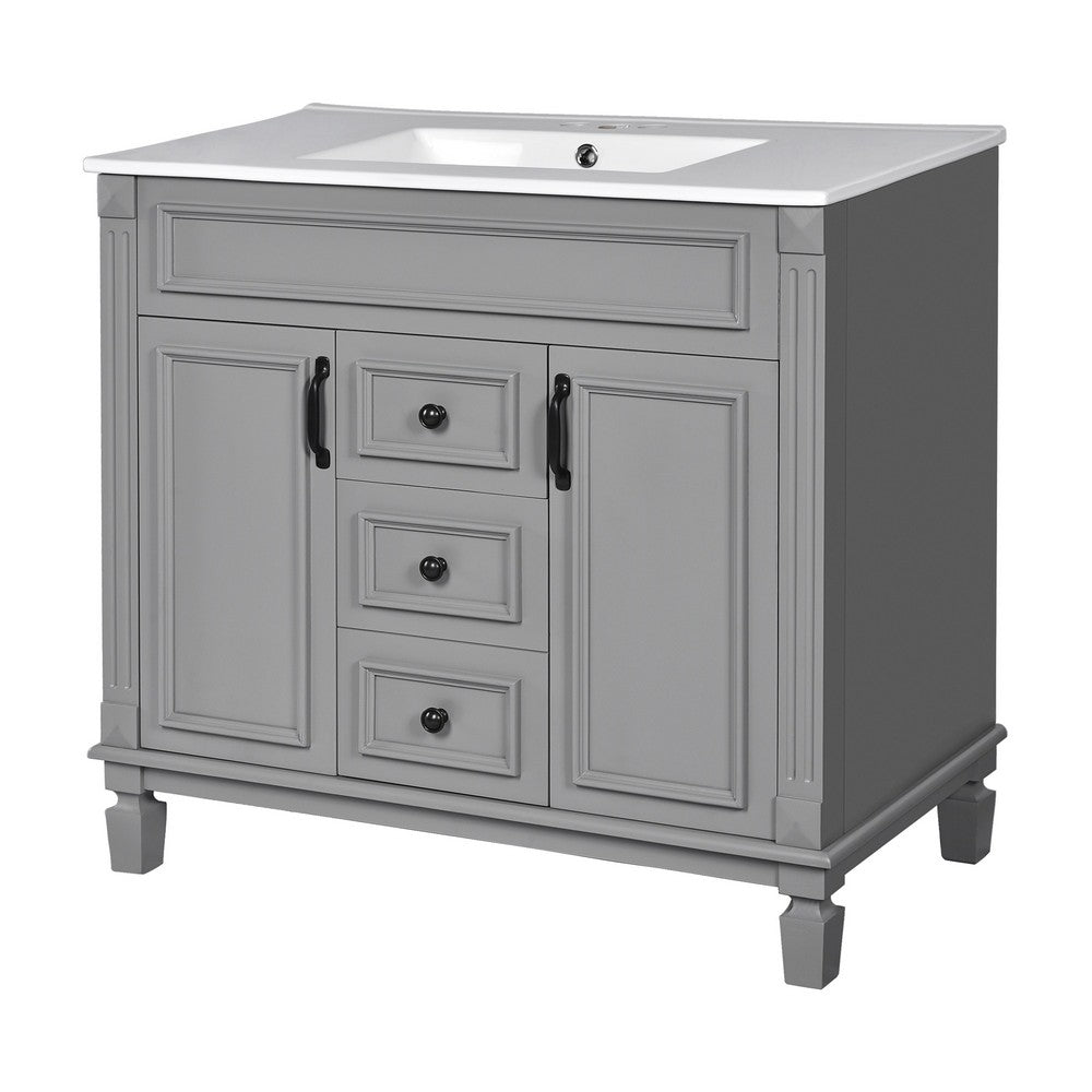 Gwen 36 Inch Bathroom Vanity with Built In Sink, 2 Doors, Gray, Ceramic - BM351225