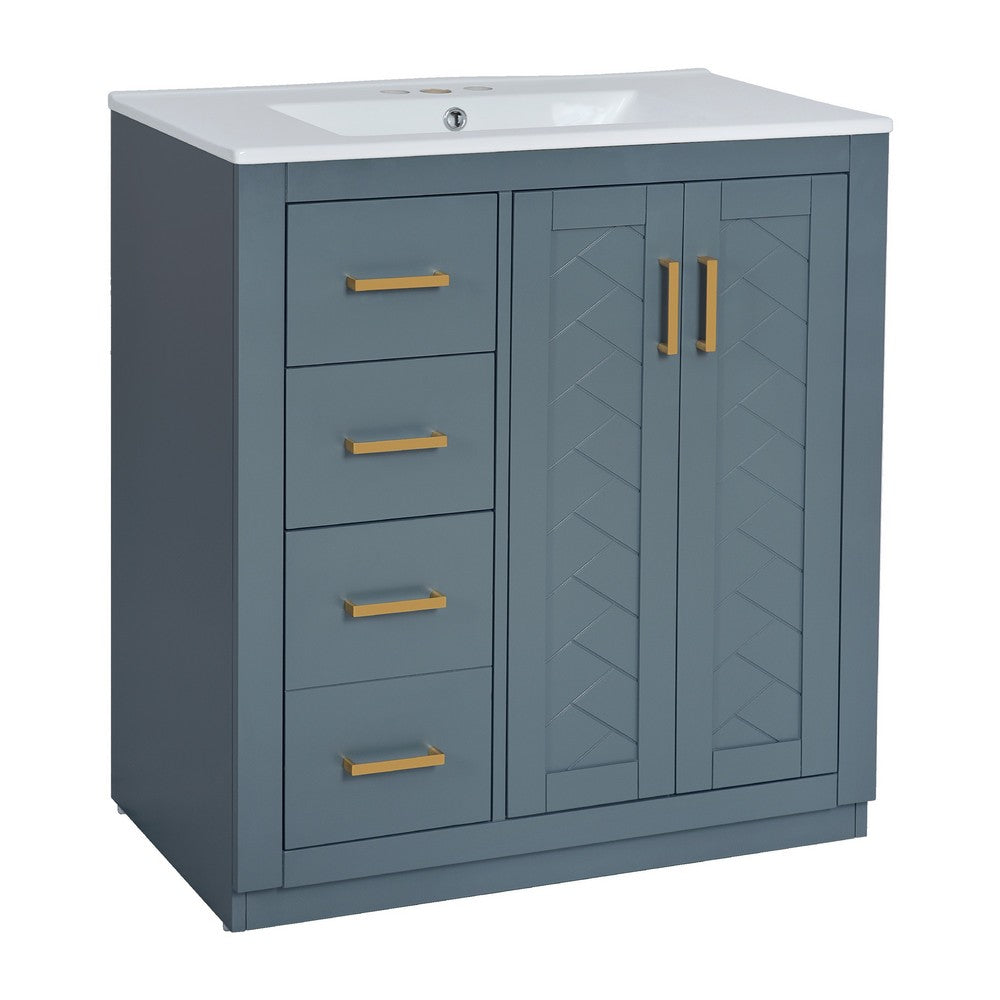 Wenz 30 Inch Ceramic Sink Bathroom Vanity, Gold Metal Accents, Rustic Blue - BM351226