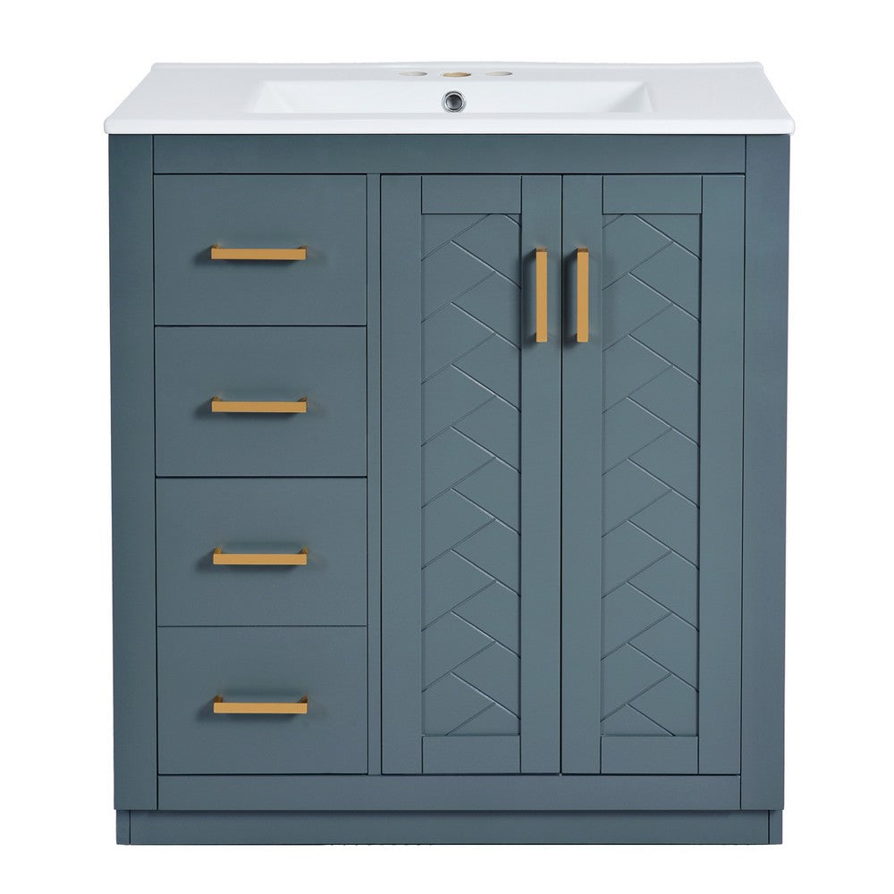 Wenz 30 Inch Ceramic Sink Bathroom Vanity, Gold Metal Accents, Rustic Blue - BM351226