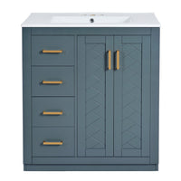 Wenz 30 Inch Ceramic Sink Bathroom Vanity, Gold Metal Accents, Rustic Blue - BM351226