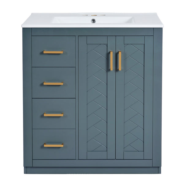 Wenz 30 Inch Ceramic Sink Bathroom Vanity, Gold Metal Accents, Rustic Blue - BM351226