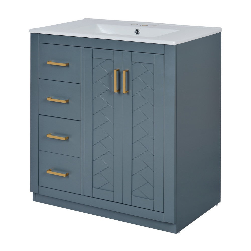 Wenz 30 Inch Ceramic Sink Bathroom Vanity, Gold Metal Accents, Rustic Blue - BM351226