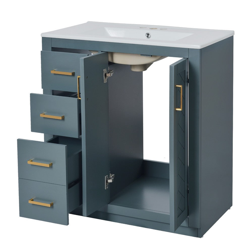 Wenz 30 Inch Ceramic Sink Bathroom Vanity, Gold Metal Accents, Rustic Blue - BM351226