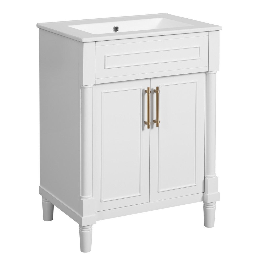 Quen Ceramic Sink Bathroom Vanity, Gold Metal and White Wood 24 Inch - BM351228