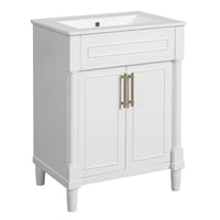Quen Ceramic Sink Bathroom Vanity, Gold Metal and White Wood 24 Inch - BM351228