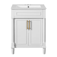 Quen Ceramic Sink Bathroom Vanity, Gold Metal and White Wood 24 Inch - BM351228