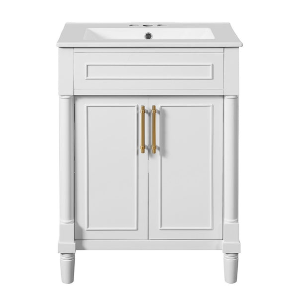 Quen Ceramic Sink Bathroom Vanity, Gold Metal and White Wood 24 Inch - BM351228