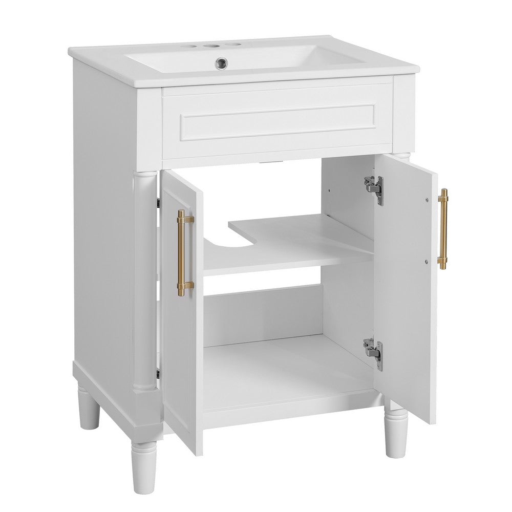 Quen Ceramic Sink Bathroom Vanity, Gold Metal and White Wood 24 Inch - BM351228