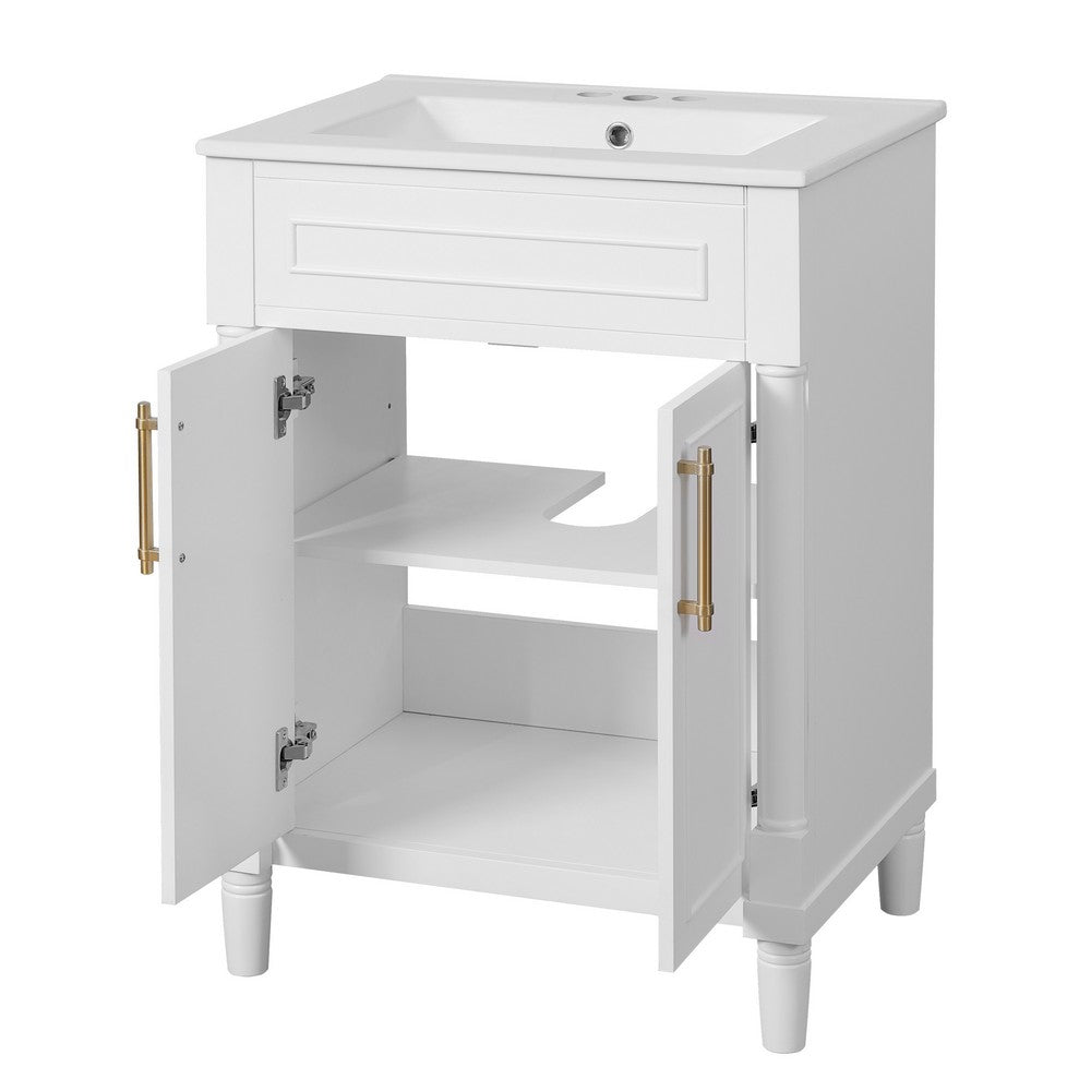 Quen Ceramic Sink Bathroom Vanity, Gold Metal and White Wood 24 Inch - BM351228