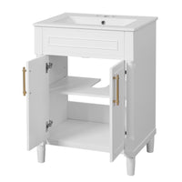 Quen Ceramic Sink Bathroom Vanity, Gold Metal and White Wood 24 Inch - BM351228