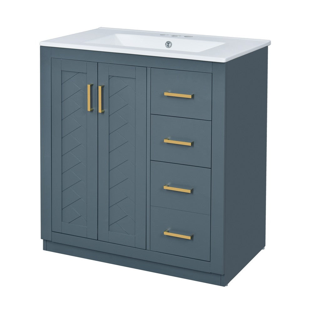 Sarba Bathroom Vanity Sink, Ceramic and Gold Metal, Blue Wood 30 Inch - BM351231
