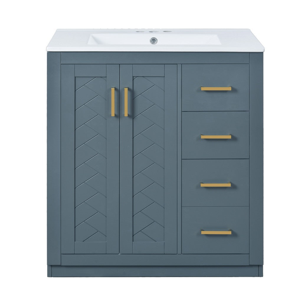Sarba Bathroom Vanity Sink, Ceramic and Gold Metal, Blue Wood 30 Inch - BM351231
