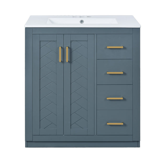Sarba Bathroom Vanity Sink, Ceramic and Gold Metal, Blue Wood 30 Inch - BM351231