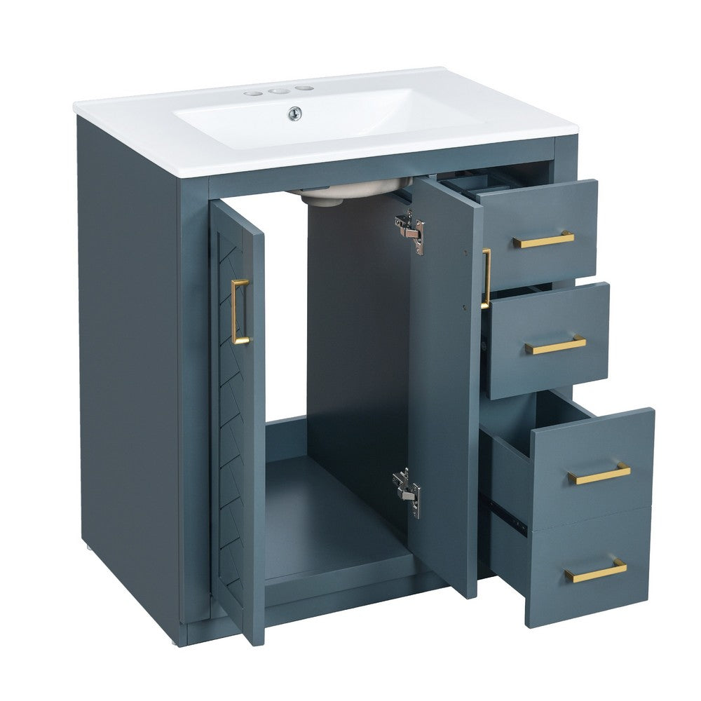 Sarba Bathroom Vanity Sink, Ceramic and Gold Metal, Blue Wood 30 Inch - BM351231