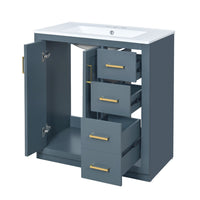Sarba Bathroom Vanity Sink, Ceramic and Gold Metal, Blue Wood 30 Inch - BM351231