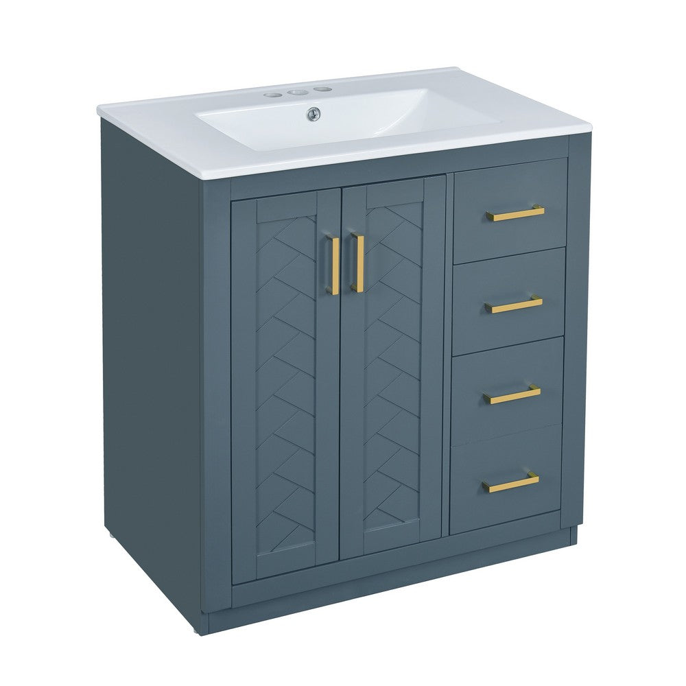 Sarba Bathroom Vanity Sink, Ceramic and Gold Metal, Blue Wood 30 Inch - BM351231