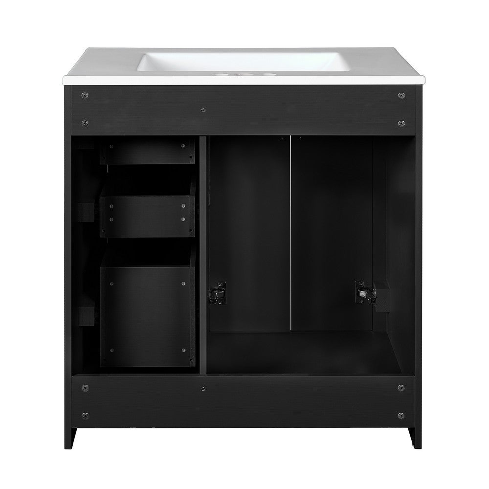 Sarba Bathroom Sink with Vanity Cabinet, Ceramic, Chrome, Black Wood 30 Inch - BM351232