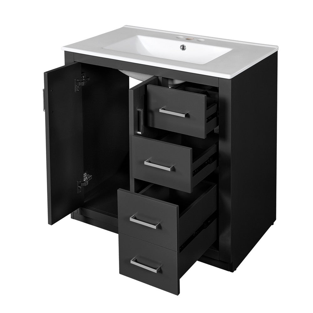 Sarba Bathroom Sink with Vanity Cabinet, Ceramic, Chrome, Black Wood 30 Inch - BM351232
