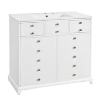 Ajax 36 Inch Ceramic Sink Bathroom Vanity, 2 Cabinet Doors, 2 Drawers, White - BM351235