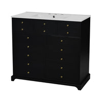 Ajax Bathroom Vanity with Sink, 2 Door 3 Drawer, Black Wood, Ceramic 36 Inch - BM351236