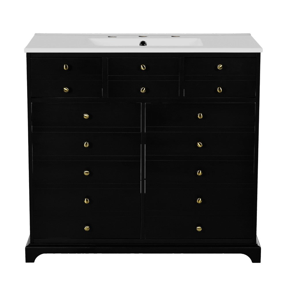 Ajax Bathroom Vanity with Sink, 2 Door 3 Drawer, Black Wood, Ceramic 36 Inch - BM351236