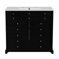 Ajax Bathroom Vanity with Sink, 2 Door 3 Drawer, Black Wood, Ceramic 36 Inch - BM351236