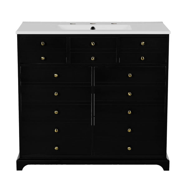 Ajax Bathroom Vanity with Sink, 2 Door 3 Drawer, Black Wood, Ceramic 36 Inch - BM351236