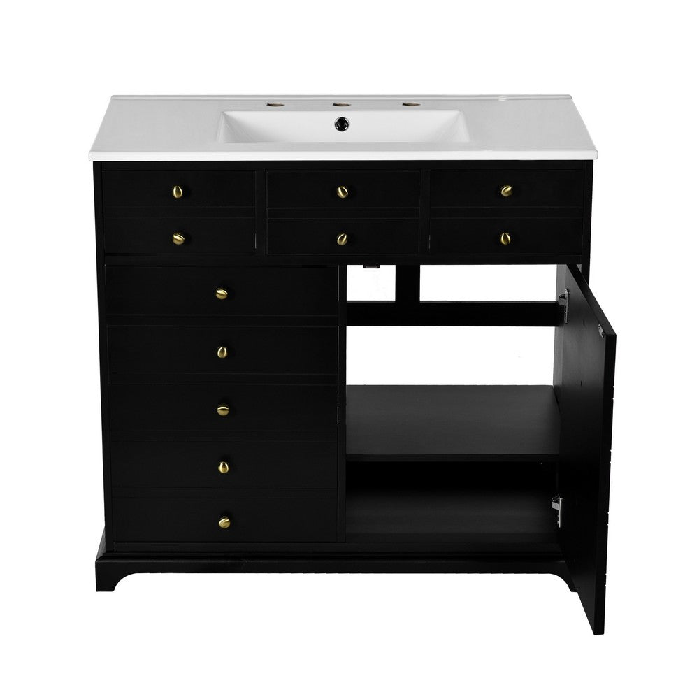 Ajax Bathroom Vanity with Sink, 2 Door 3 Drawer, Black Wood, Ceramic 36 Inch - BM351236