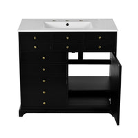 Ajax Bathroom Vanity with Sink, 2 Door 3 Drawer, Black Wood, Ceramic 36 Inch - BM351236