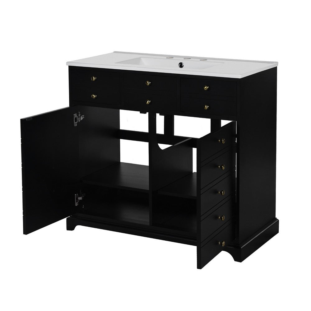 Ajax Bathroom Vanity with Sink, 2 Door 3 Drawer, Black Wood, Ceramic 36 Inch - BM351236
