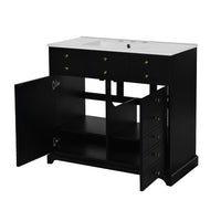 Ajax Bathroom Vanity with Sink, 2 Door 3 Drawer, Black Wood, Ceramic 36 Inch - BM351236