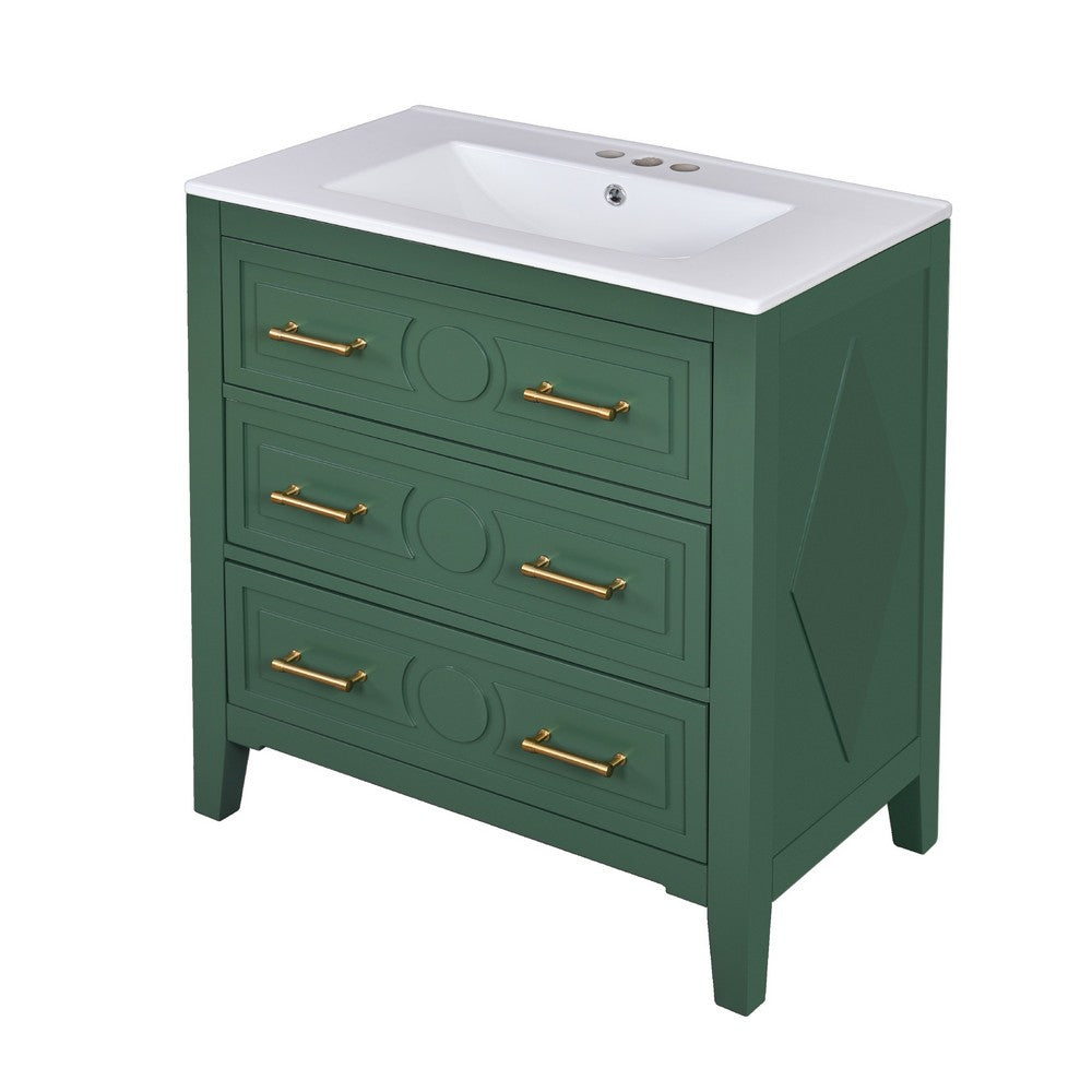 Solan Bathroom Vanity Ceramic Sink, Gold Handles, Green Solid Wood 30 Inch - BM351237