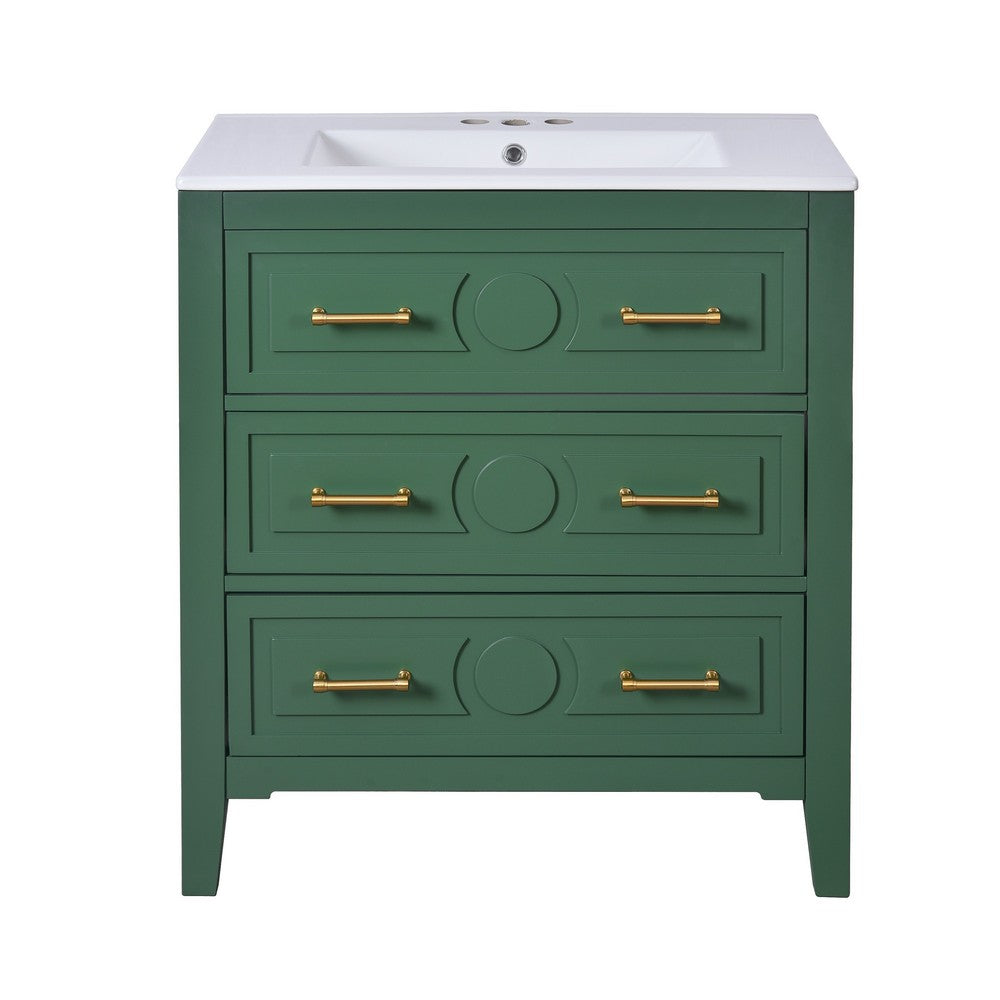 Solan Bathroom Vanity Ceramic Sink, Gold Handles, Green Solid Wood 30 Inch - BM351237
